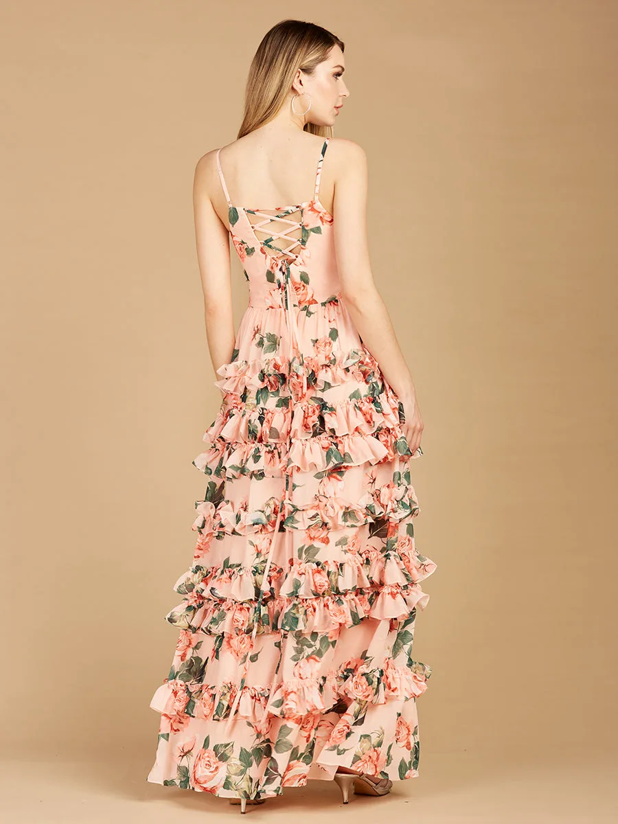 Ruffle Skirt Printed Gown with Spaghetti Straps by Lara New York — style 29242