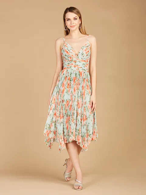 V-Neck Printed Midi Length Dress with Pleats
