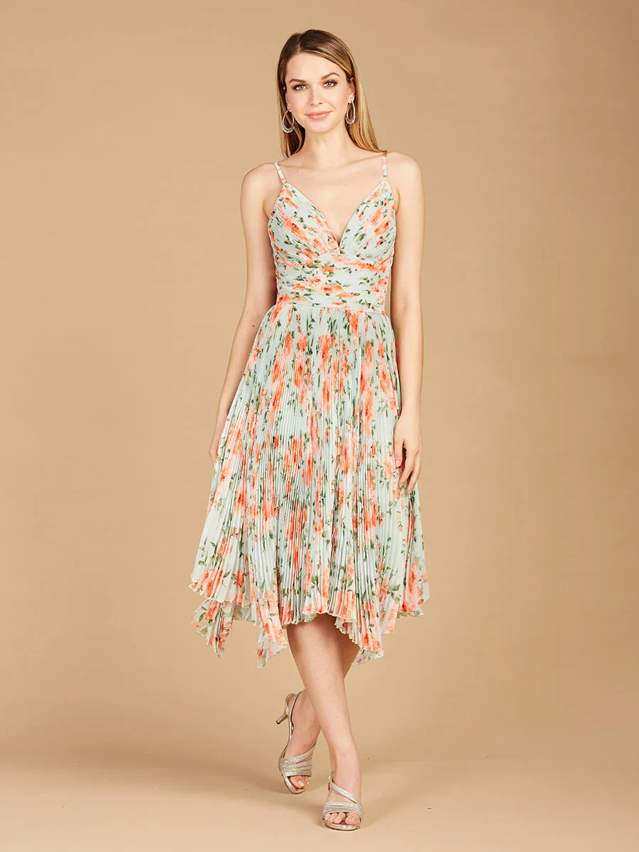 V-Neck Printed Midi Length Dress with Pleats by Lara New York — style 29243 in Mint