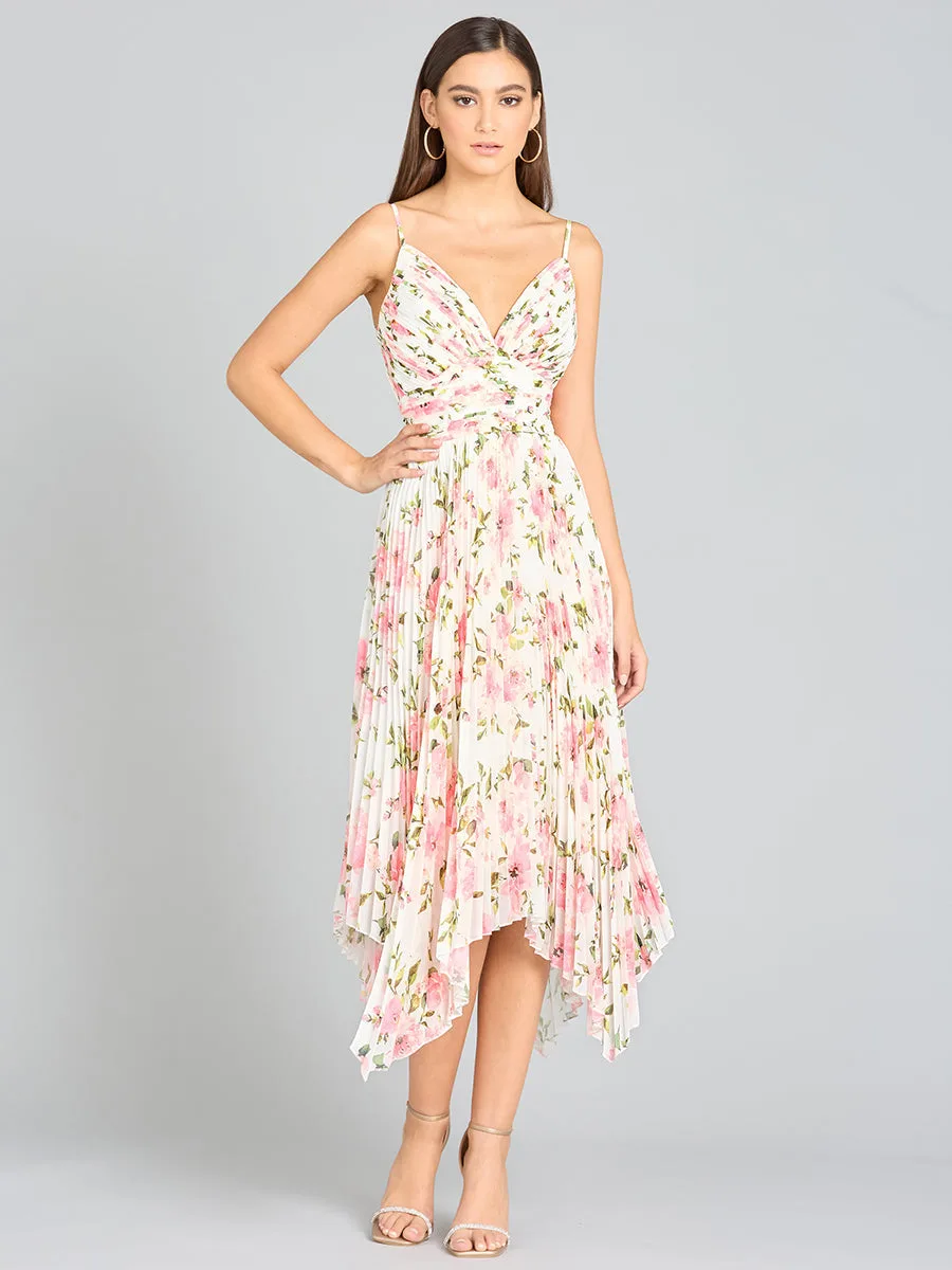 V-Neck Printed Midi Length Dress with Pleats by Lara New York — style 29243 in White Rose