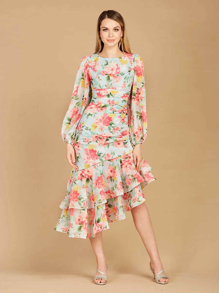 High Neck, Lace Up, Long Sleeve Printed Midi Dress by Lara New York — style 29244 in Mint