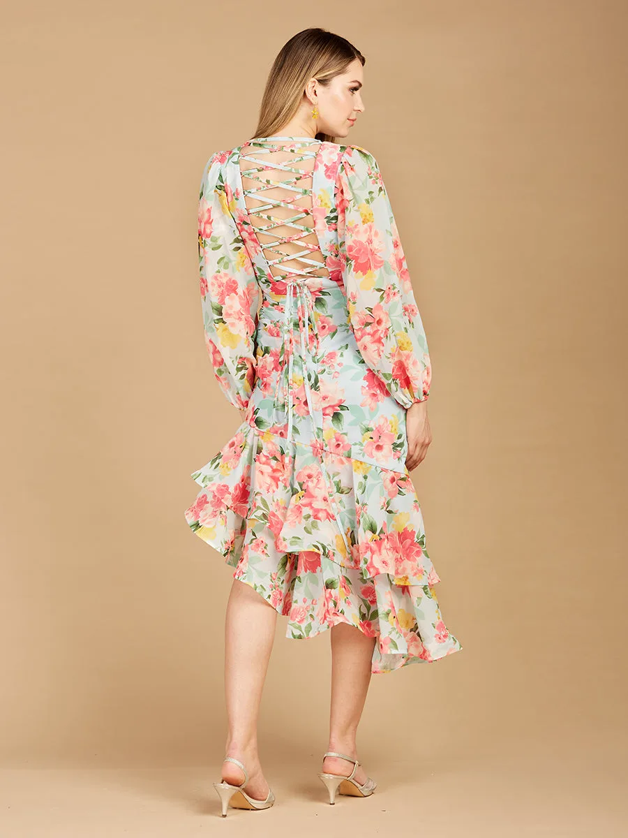 High Neck, Lace Up, Long Sleeve Printed Midi Dress by Lara New York — style 29244