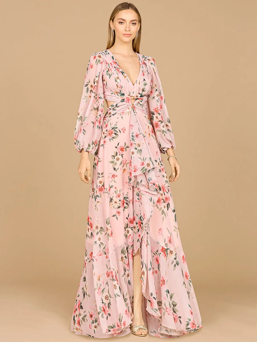 Long Sleeve V-Neck, Layered Skirt Print Dress by Lara New York — style 29245 in Blush