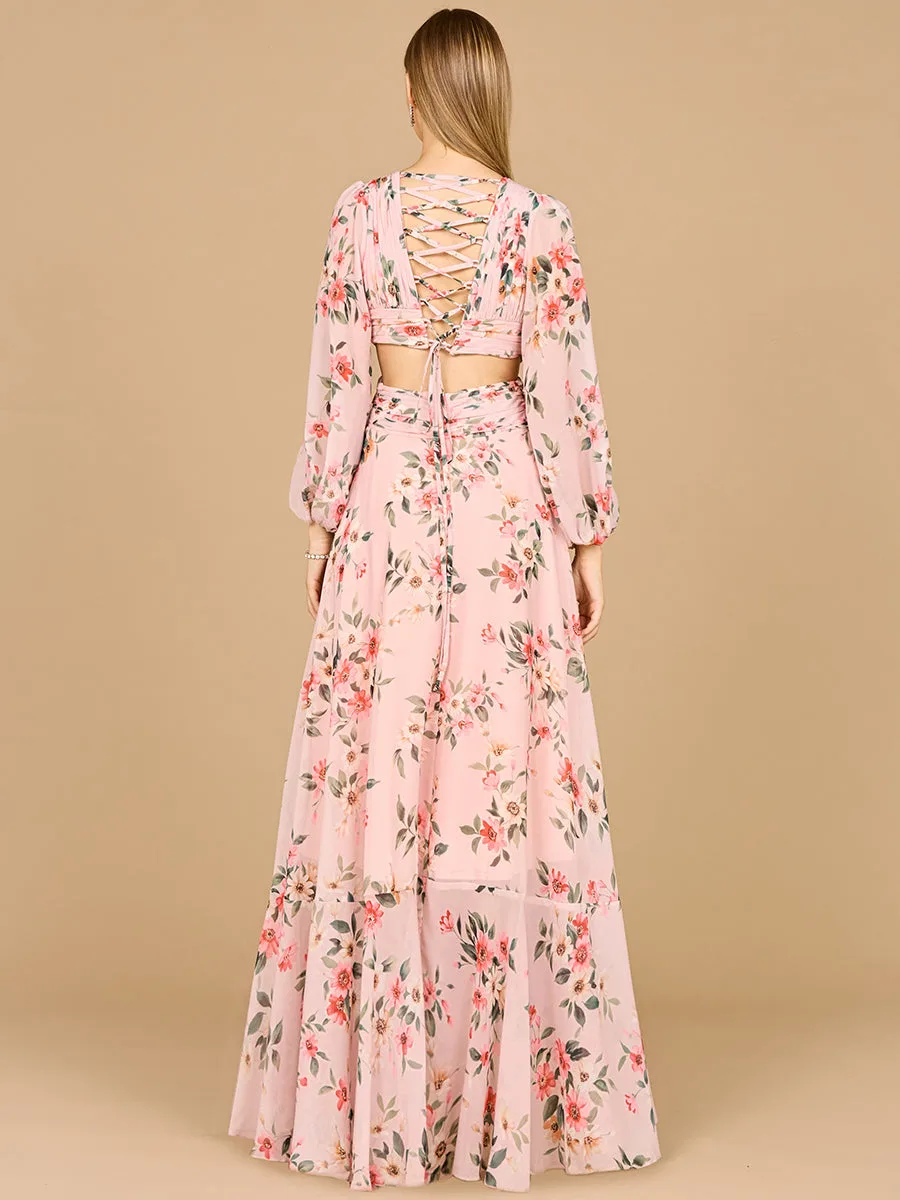 Long Sleeve V-Neck, Layered Skirt Print Dress by Lara New York — style 29245