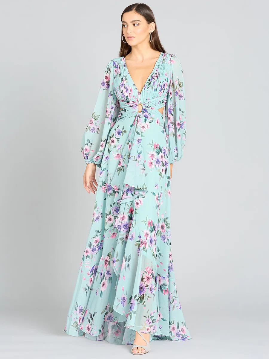 Long Sleeve V-Neck, Layered Skirt Print Dress by Lara New York — style 29245 in Mint