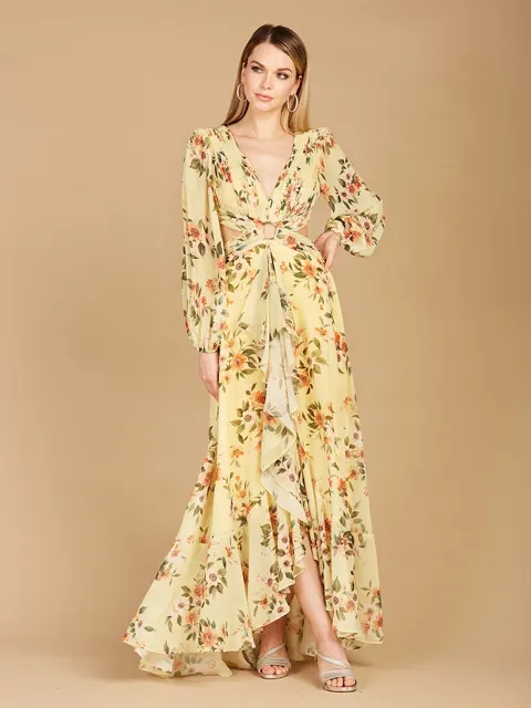 Long Sleeve V-Neck, Layered Skirt Print Dress