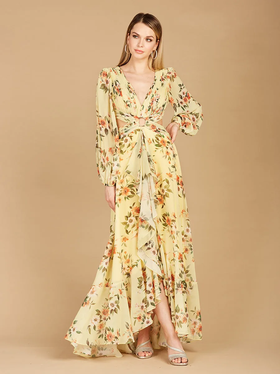 Long Sleeve V-Neck, Layered Skirt Print Dress by Lara New York — style 29245 in Yellow