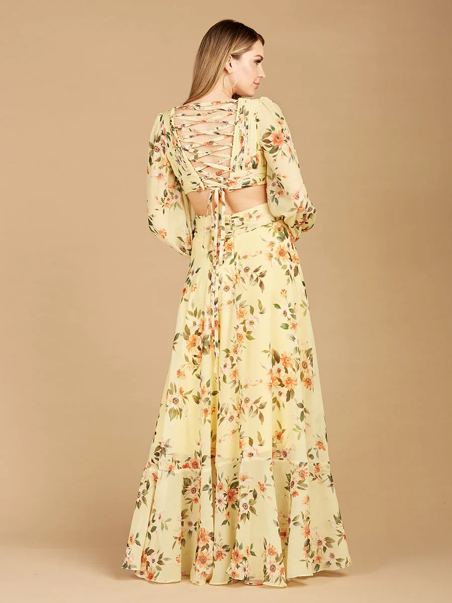 Long Sleeve V-Neck, Layered Skirt Print Dress by Lara New York — style 29245