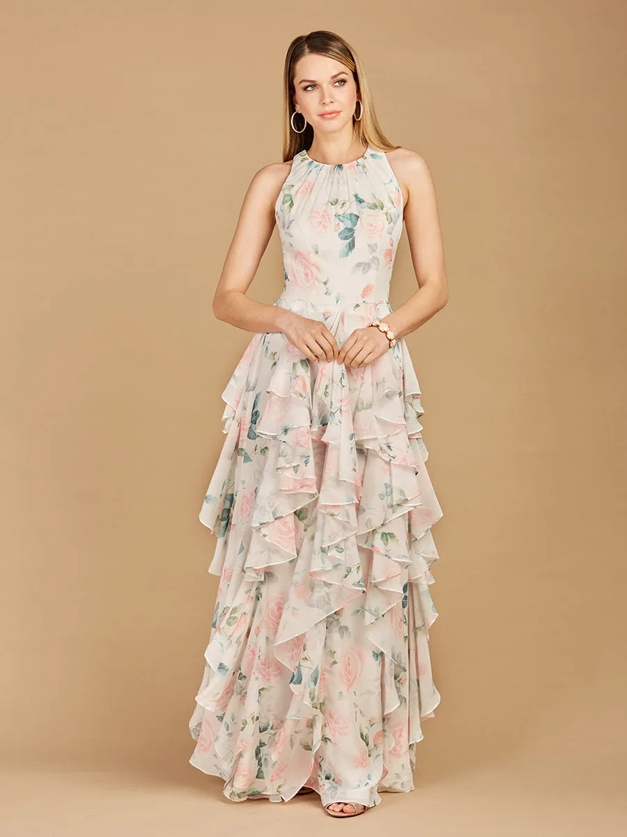 High Neck, Ruffled Skirt Printed Dress by Lara New York — style 29247 in White Rose