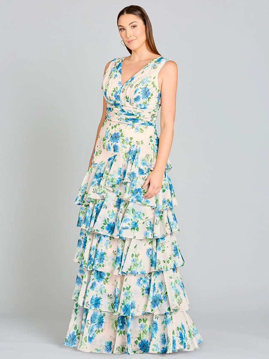 Ruffle Skirt Print Dress by Lara New York — style 29249 in Blue