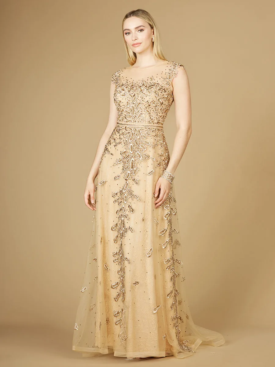 Inspired Lace Gown with Cap Sleeves by Lara New York — style 29250 in Gold