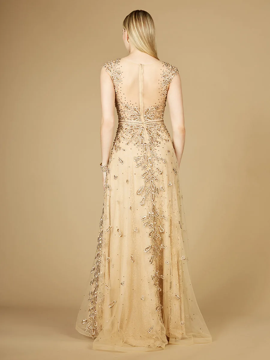 Inspired Lace Gown with Cap Sleeves by Lara New York — style 29250