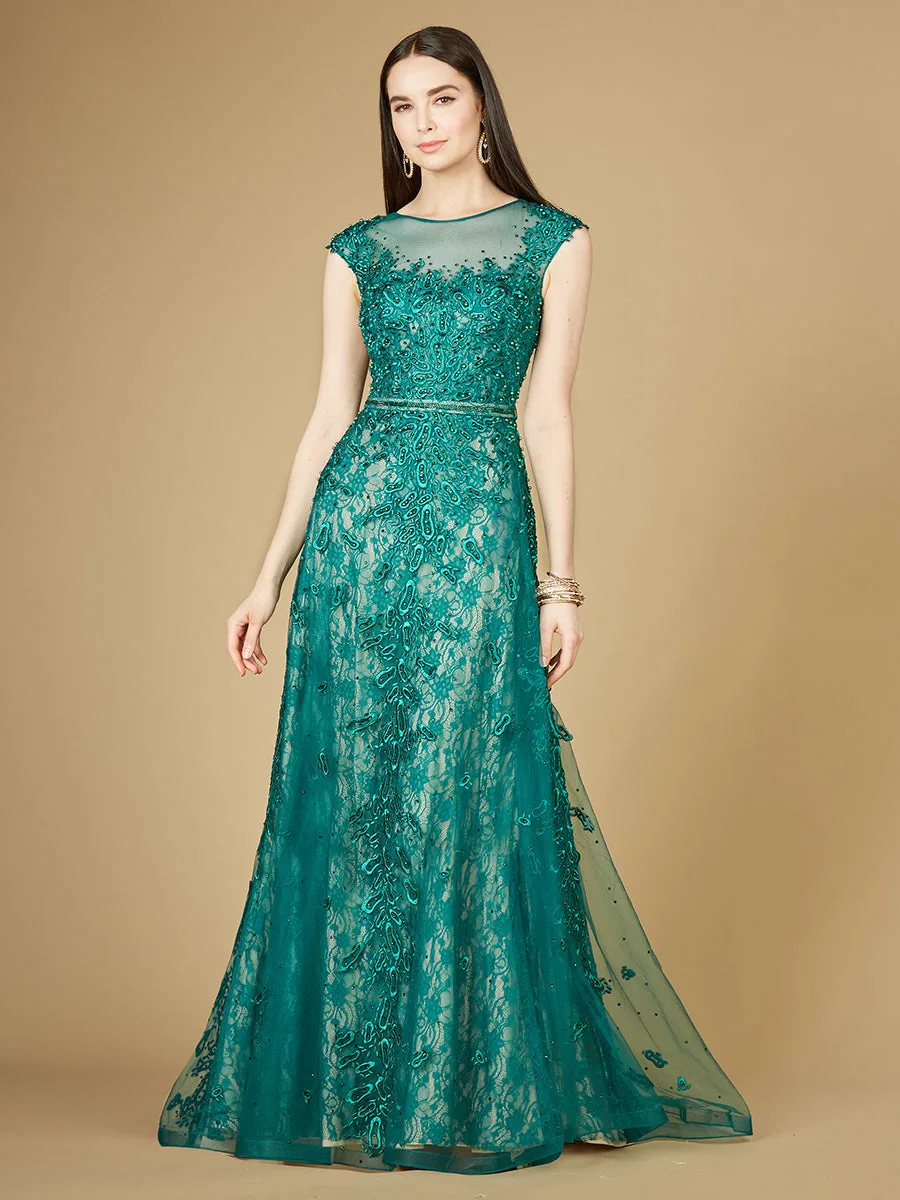 Inspired Lace Gown with Cap Sleeves by Lara New York — style 29250 in Green