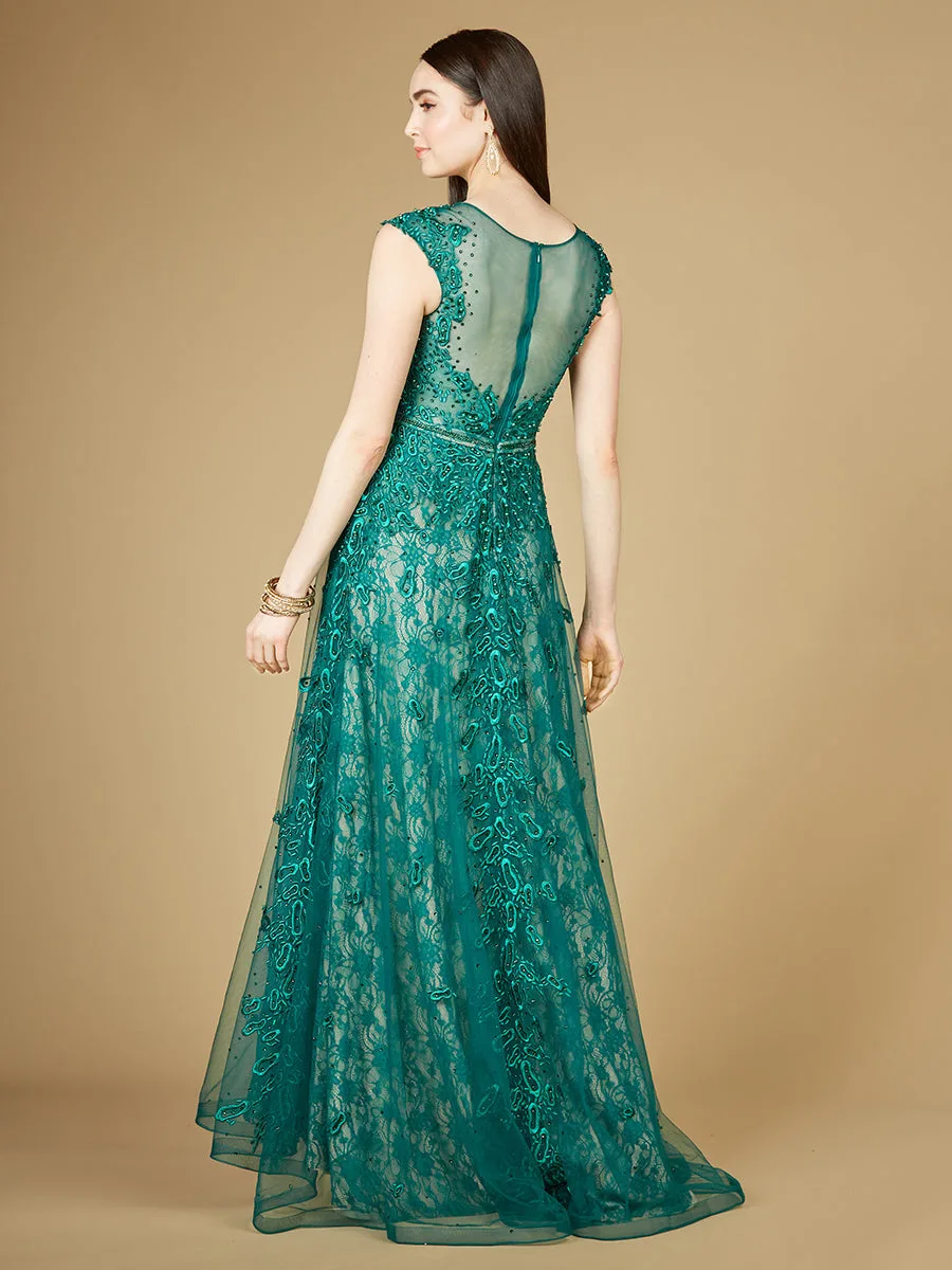 Inspired Lace Gown with Cap Sleeves by Lara New York — style 29250