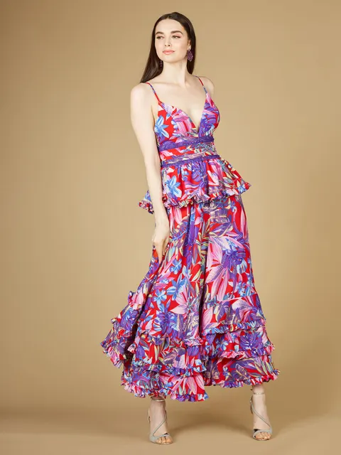 Ruffle Skirt Printed Gown