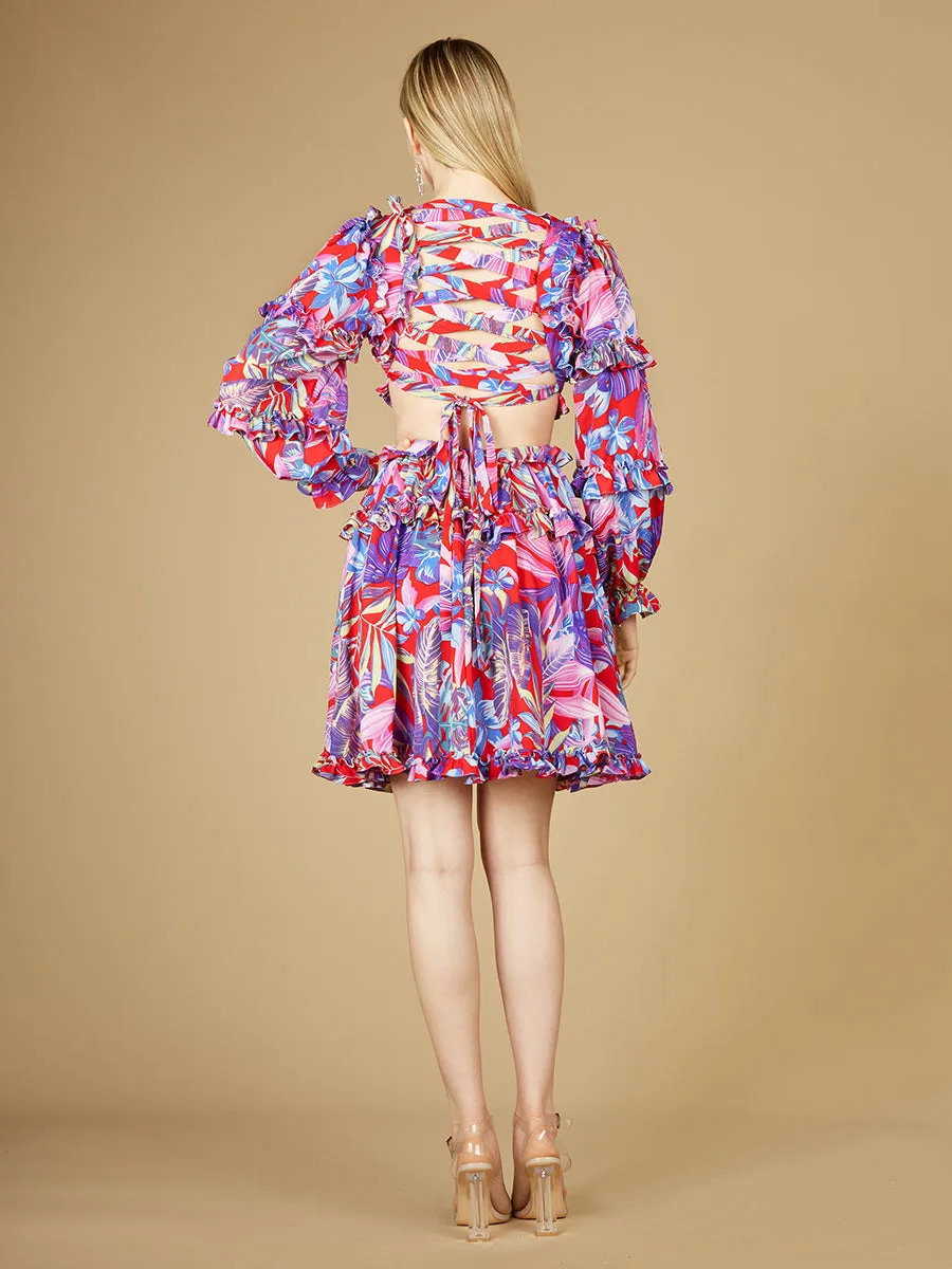 Long Sleeve Print Cocktail Short with Lace Up Back and Cutouts by Lara New York — style 29269