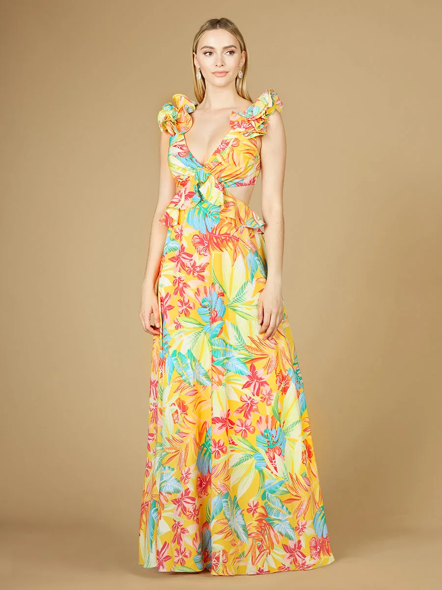 V-Neck Long Print Gown with Ruffled Straps by Lara New York — style 29270 in Yellow Print