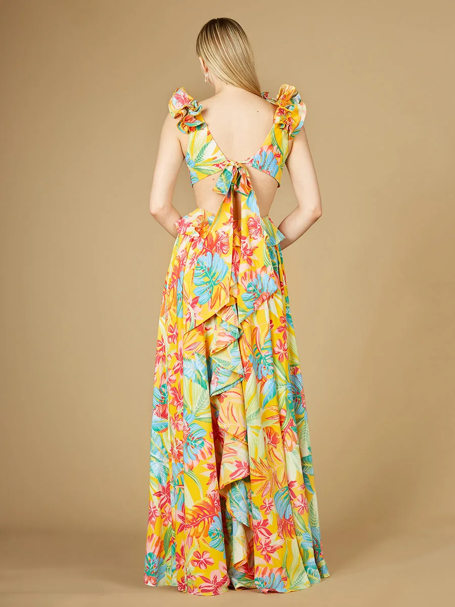 V-Neck Long Print Gown with Ruffled Straps by Lara New York — style 29270
