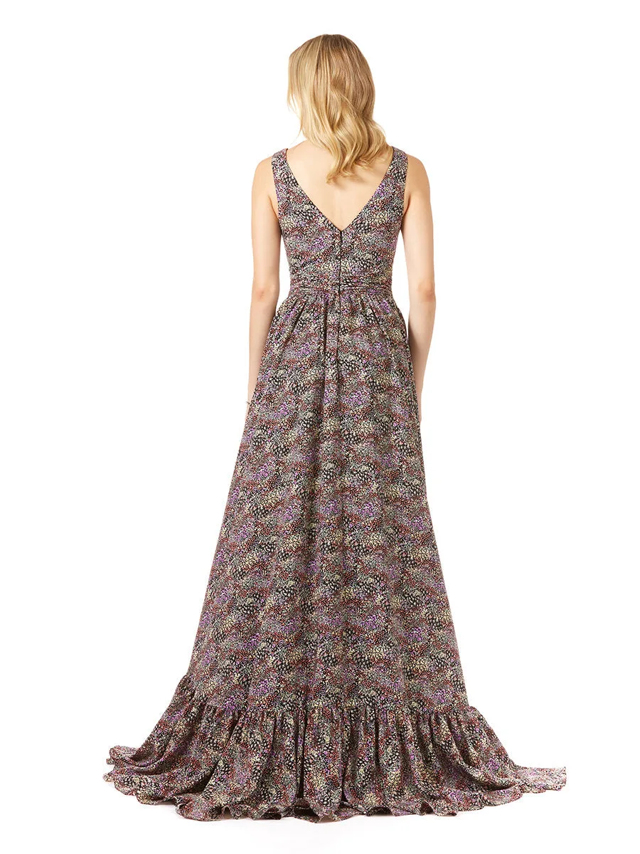 V-Neck Long Print Gown Hi-Low Wrap by Lara New York — style 29274