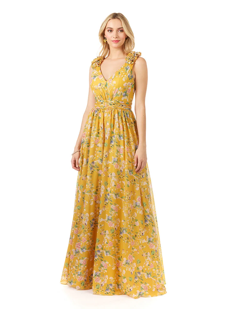 V-Neck Long Print Gown with Straps by Lara New York — style 29275 in Yellow Print