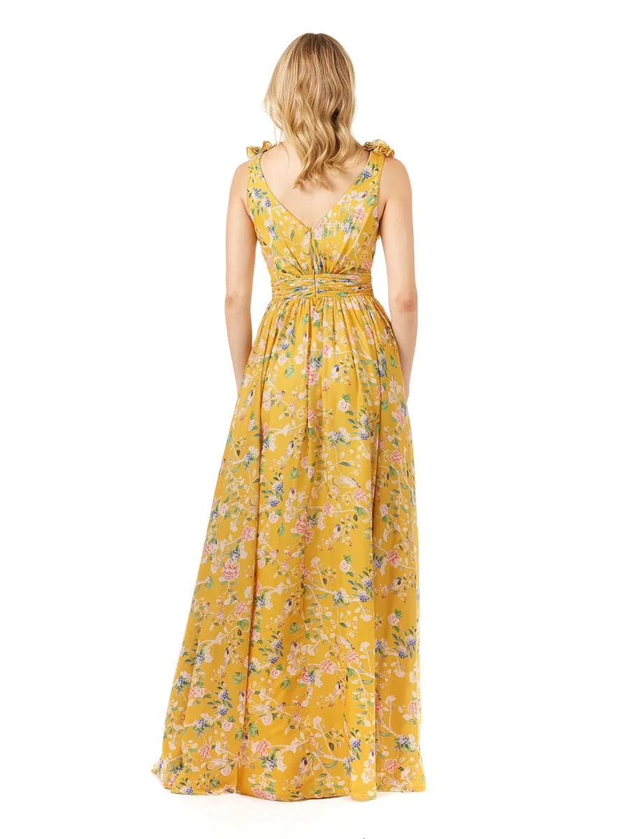 V-Neck Long Print Gown with Straps by Lara New York — style 29275