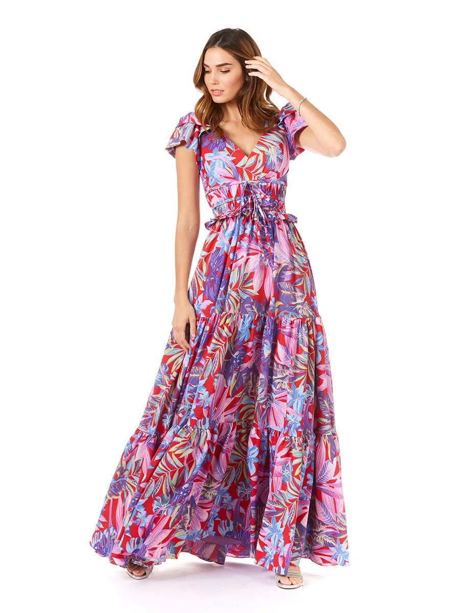 V-Neck Long Print Gown with Cap Sleeves by Lara New York — style 29276 in Red Print