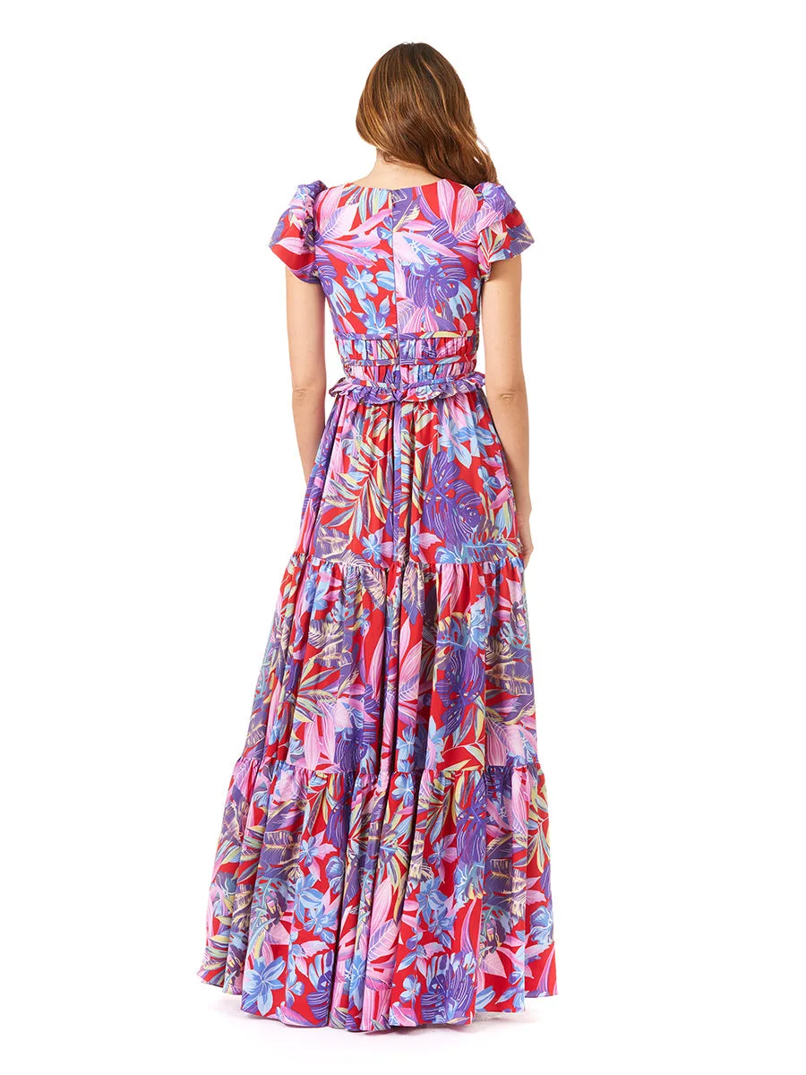 V-Neck Long Print Gown with Cap Sleeves by Lara New York — style 29276
