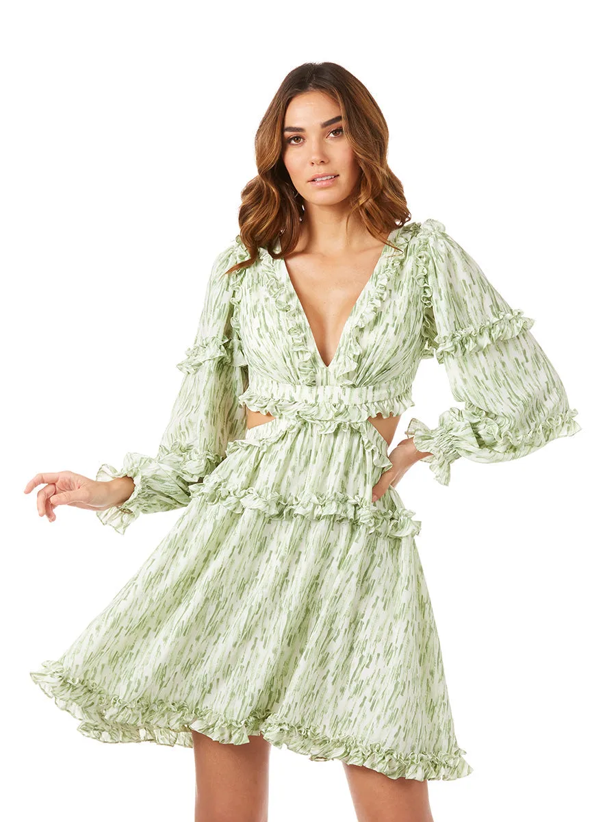Print Cocktail Short with Cutout and Lace Up Back by Lara New York — style 29279 in Green Print