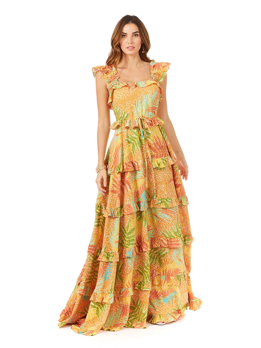 Ruffle Printed Gown with Straps by Lara New York — style 29280 in Yellow Print