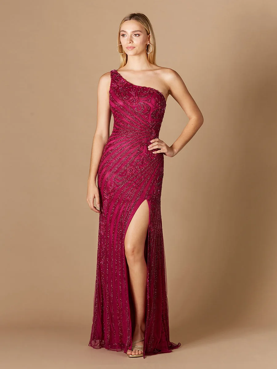 One-Shoulder Beaded Gown with Slit by Lara New York — style 29283