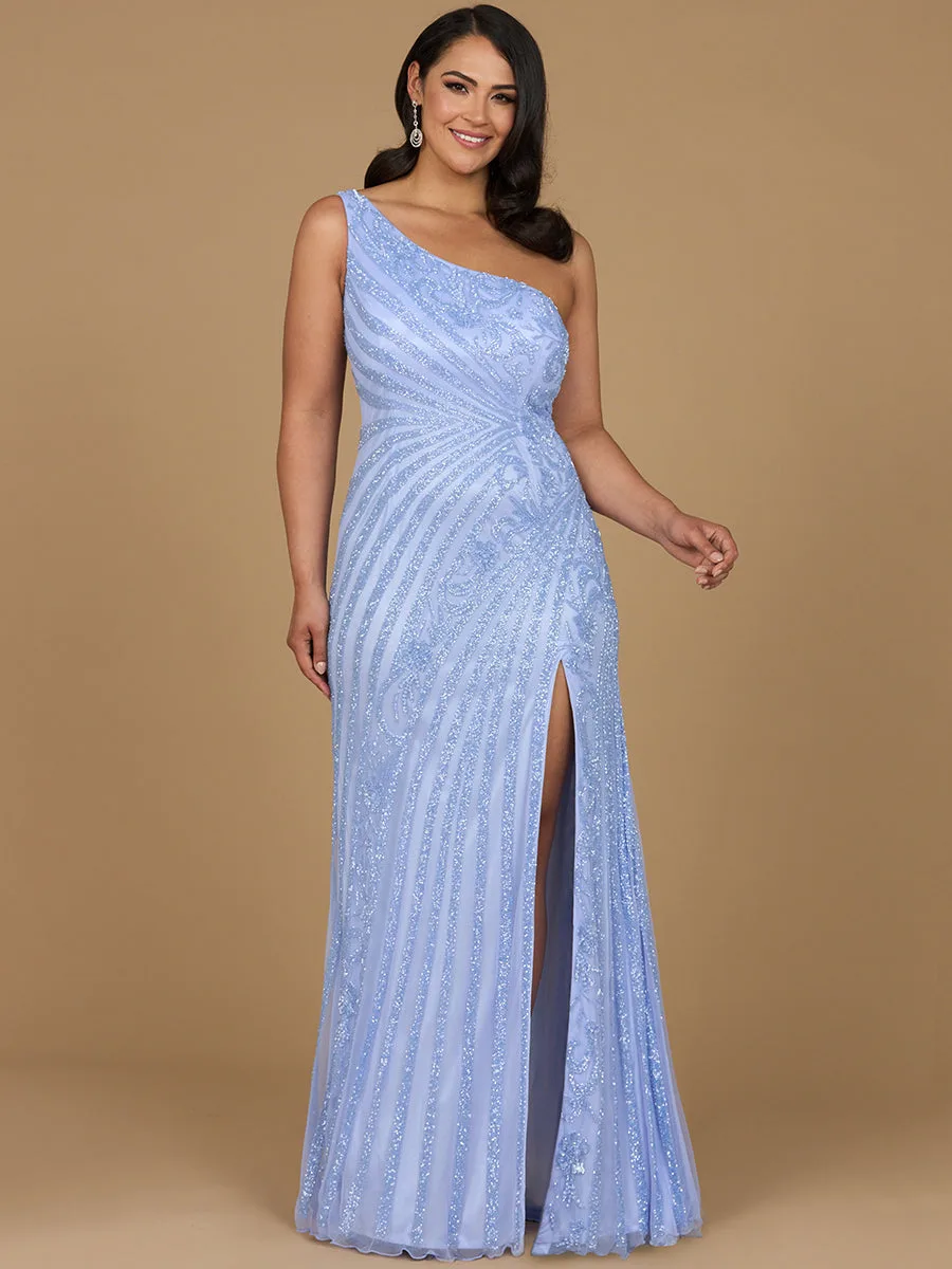 One-Shoulder Beaded Gown with Slit by Lara New York — style 29283 in Blue Iris