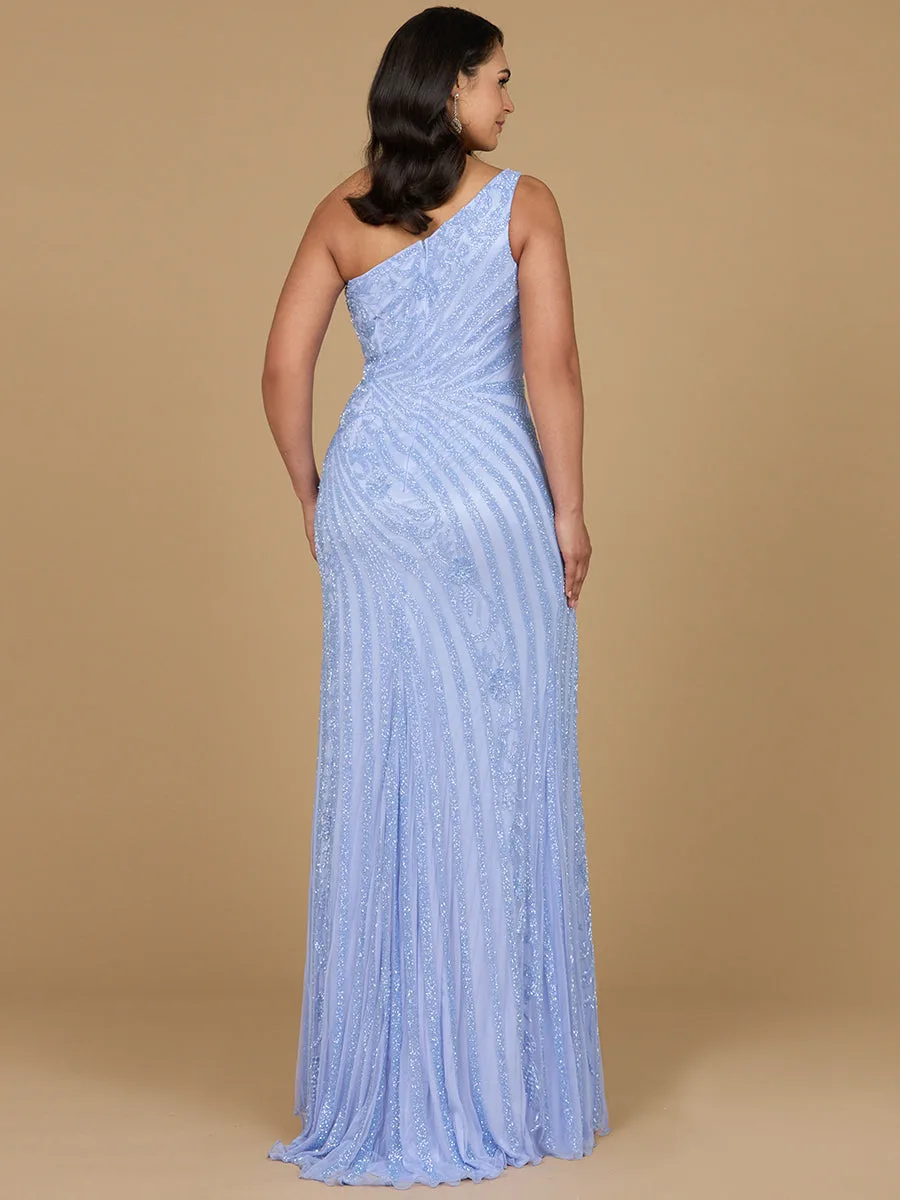 One-Shoulder Beaded Gown with Slit by Lara New York — style 29283