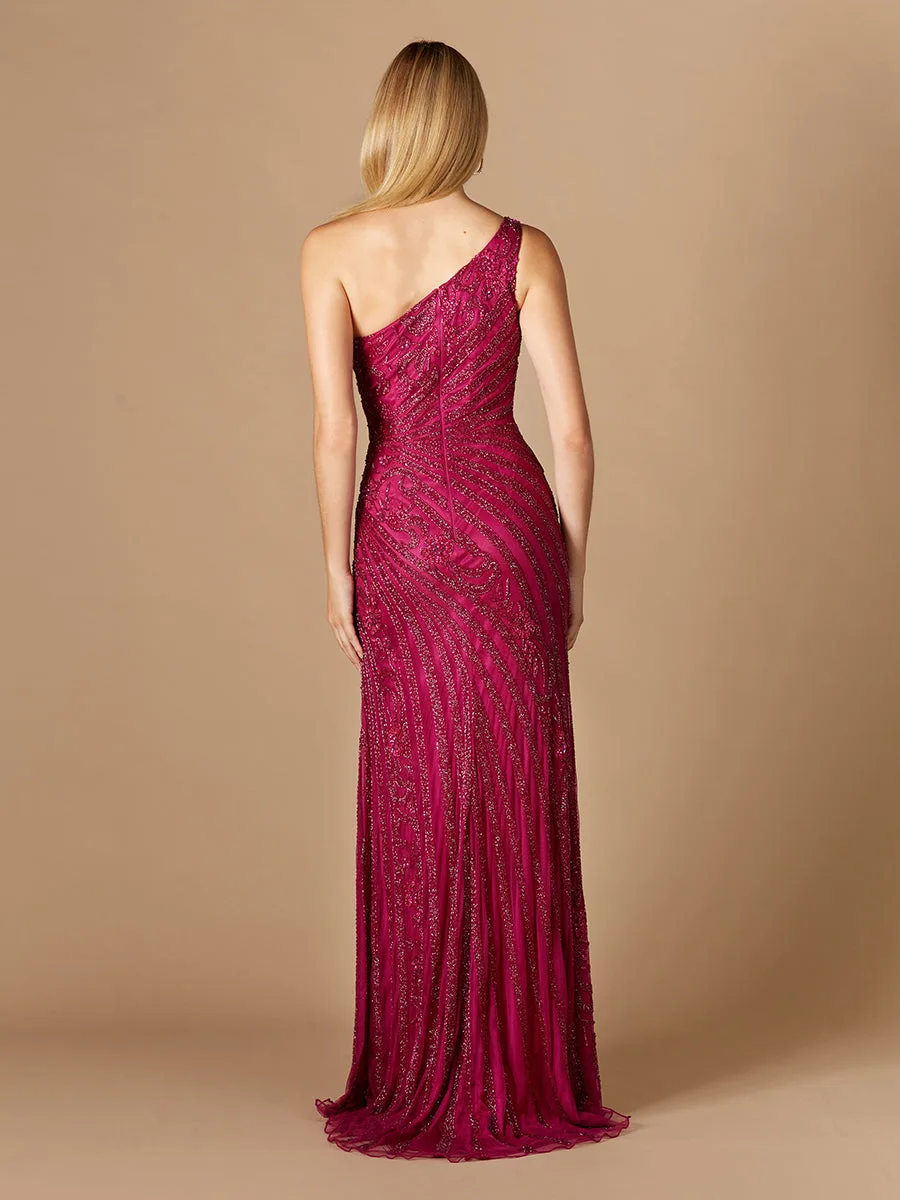 One-Shoulder Beaded Gown with Slit by Lara New York — style 29283