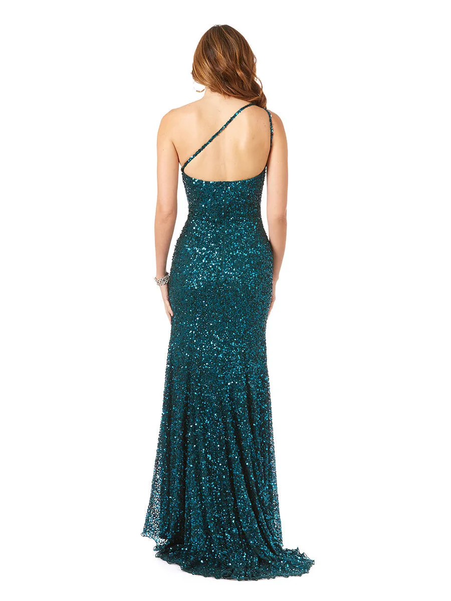 One-Shoulder Beaded Gown with Slit by Lara New York — style 29286