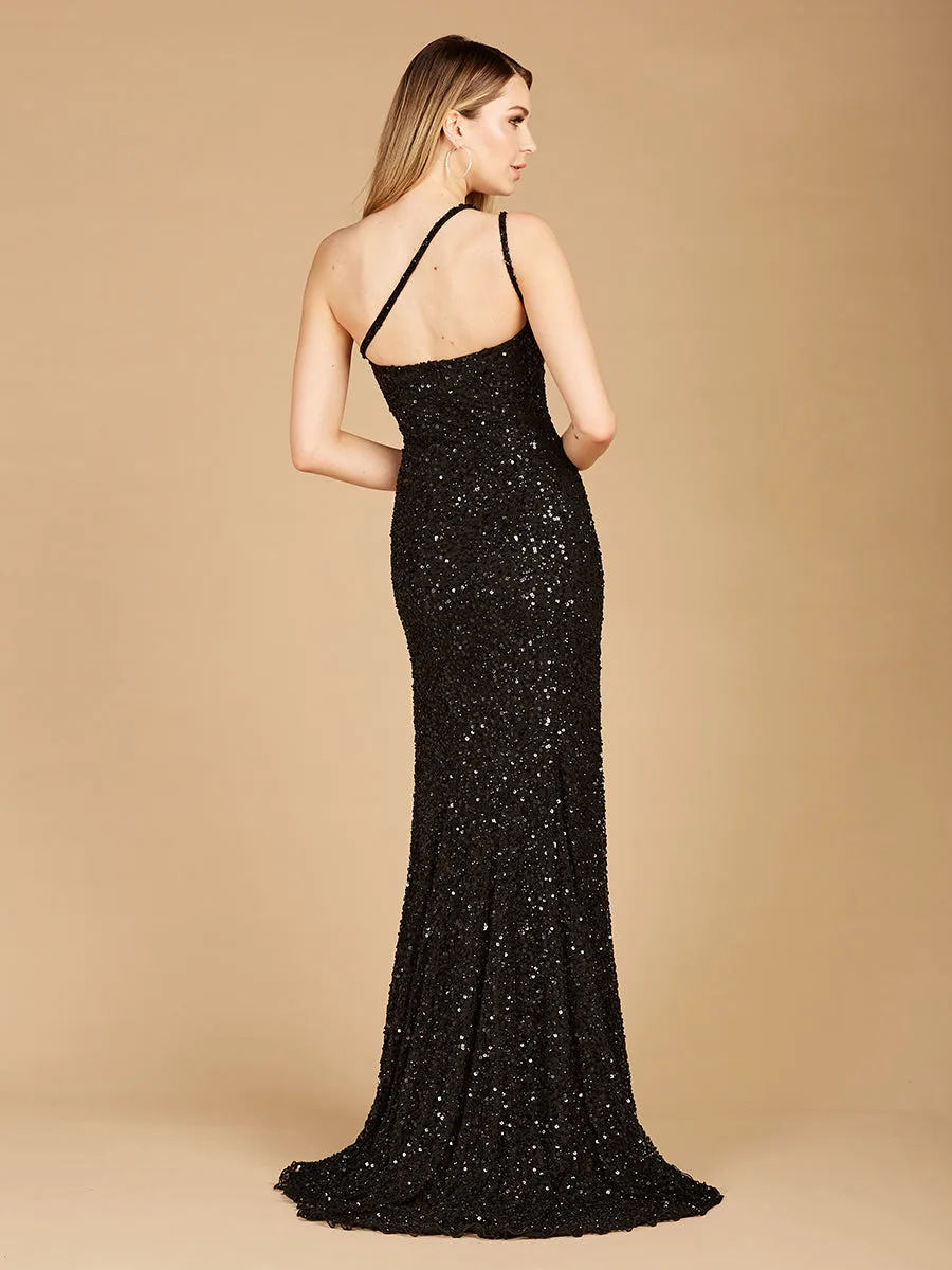 One-Shoulder Beaded Gown with Slit by Lara New York — style 29286