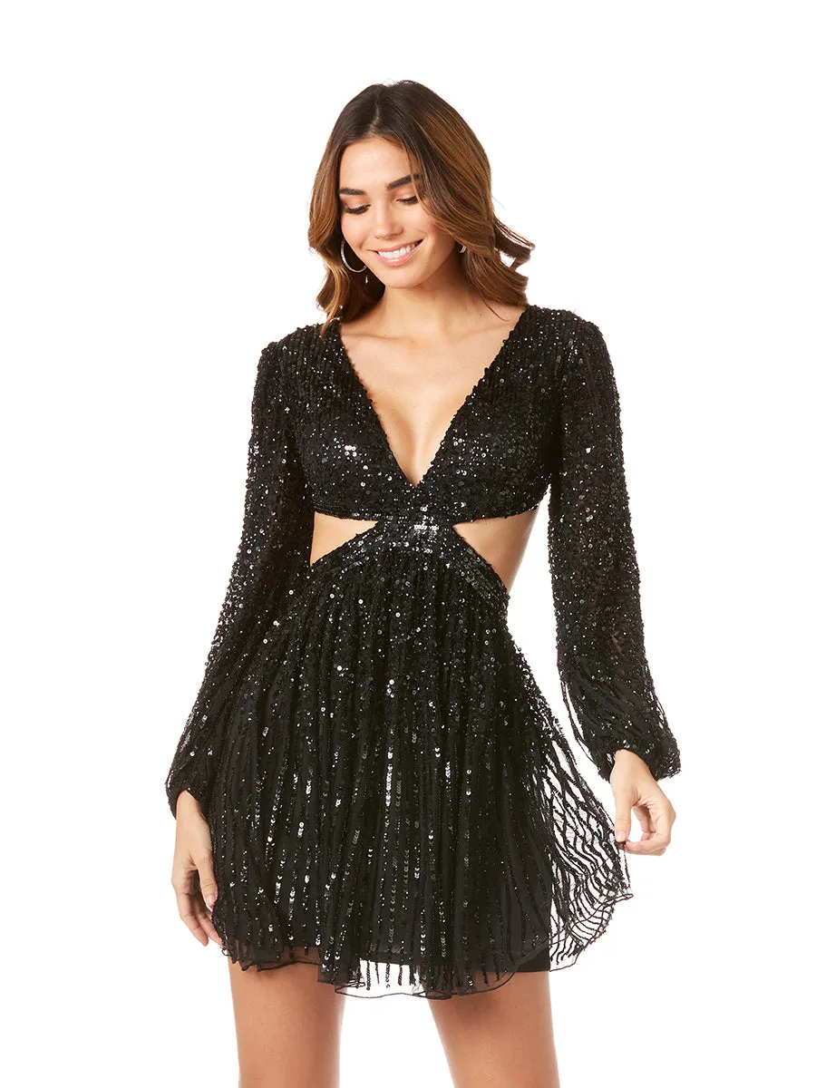 Long Sleeve Cut Out Dress with Lace Up Back by Lara New York — style 29288 in Black