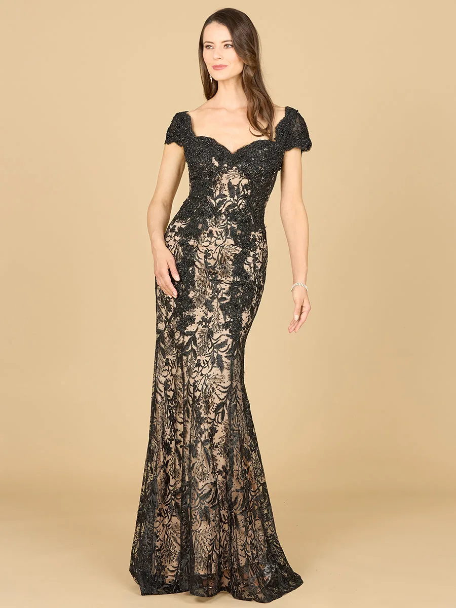 Fitted Lace Mermaid Gown by Lara New York — style 29295 in Black/Nude