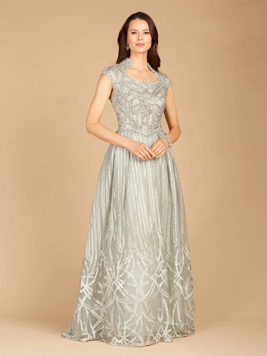 High Collar A-line Gown by Lara New York — style 29296 in Silver Sage