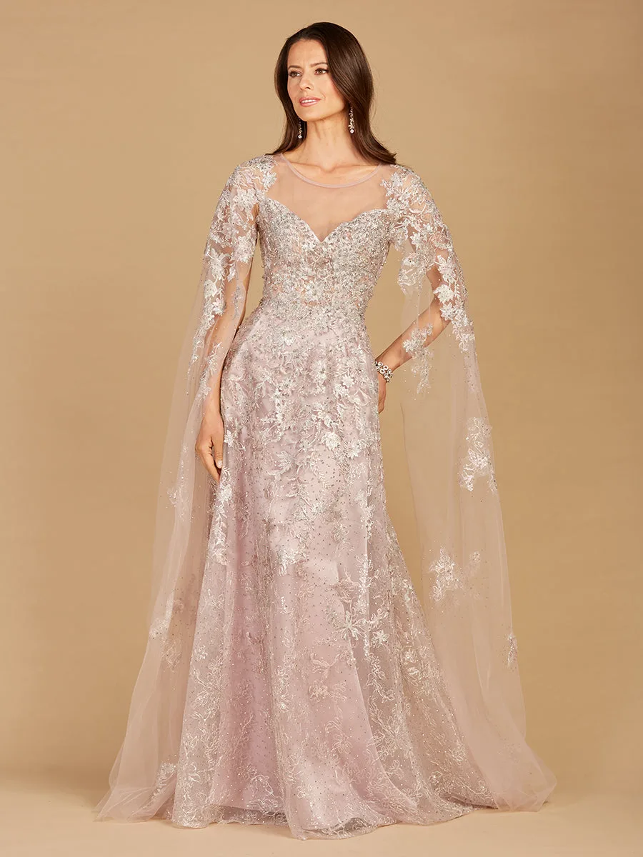 Lace Gown with Cape Sleeves, Sweetheart Neckline by Lara New York — style 29300 in Light Mauve