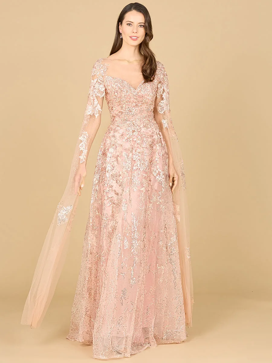 Lace Gown with Cape Sleeves, Sweetheart Neckline by Lara New York — style 29300 in Blush