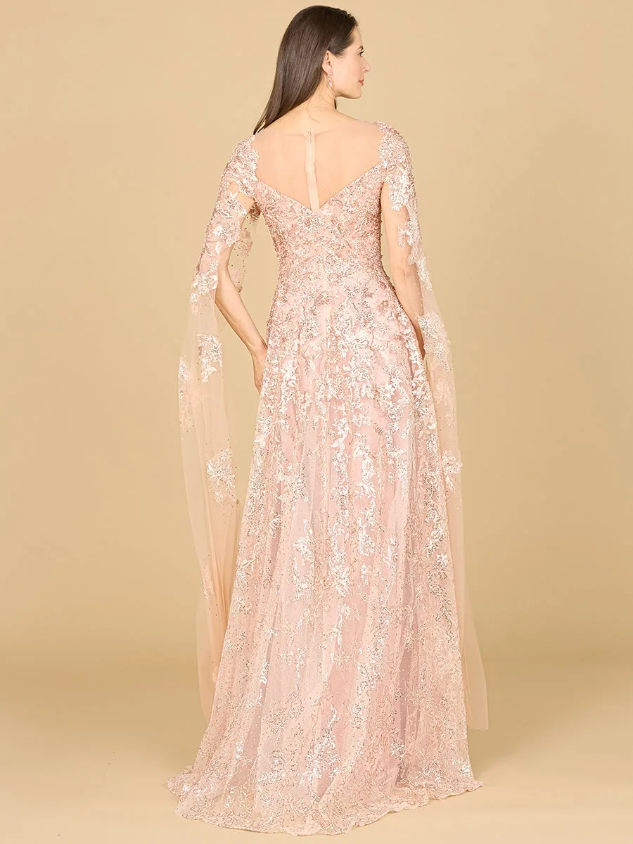 Lace Gown with Cape Sleeves, Sweetheart Neckline by Lara New York — style 29300