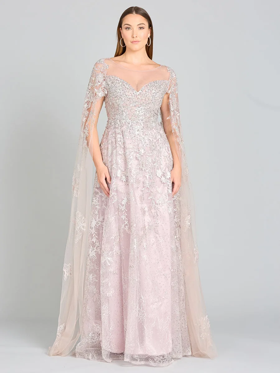 Lace Gown with Cape Sleeves, Sweetheart Neckline by Lara New York — style 29300