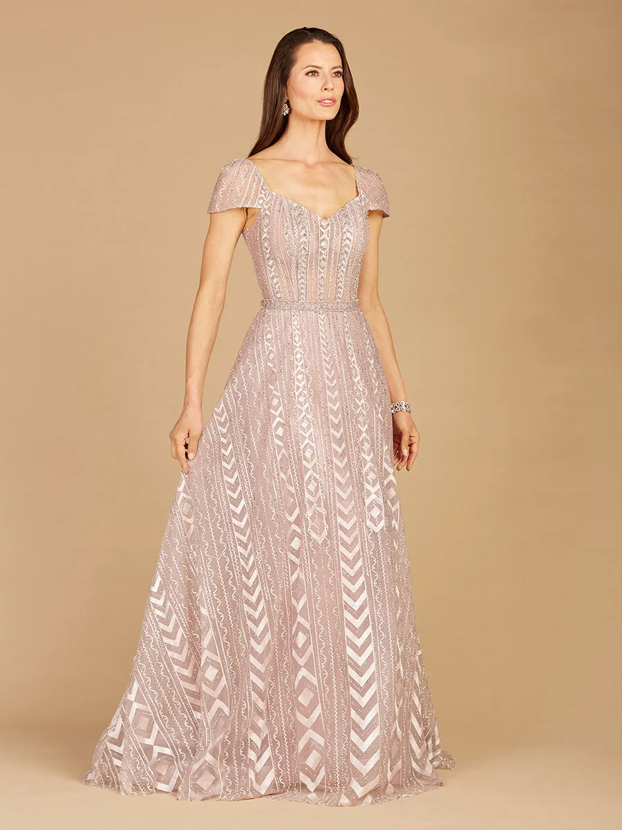 Cap Sleeve Beaded Lace Ballgown by Lara New York — style 29301 in Antique Rose