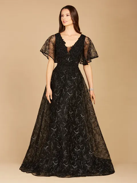 Cape Sleeve Beaded Gown in Black