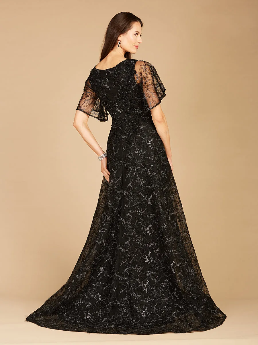 Cape Sleeve Beaded Gown in Black by Lara New York — style 29302