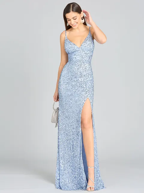 Beaded V Neck Dress with Slit