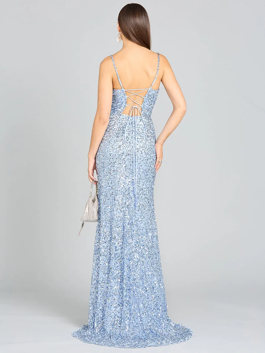 Beaded V Neck Dress with Slit by Lara New York — style 29310