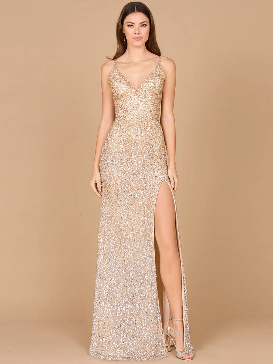 Beaded V Neck Dress with Slit by Lara New York — style 29310 in Champagne/Silver