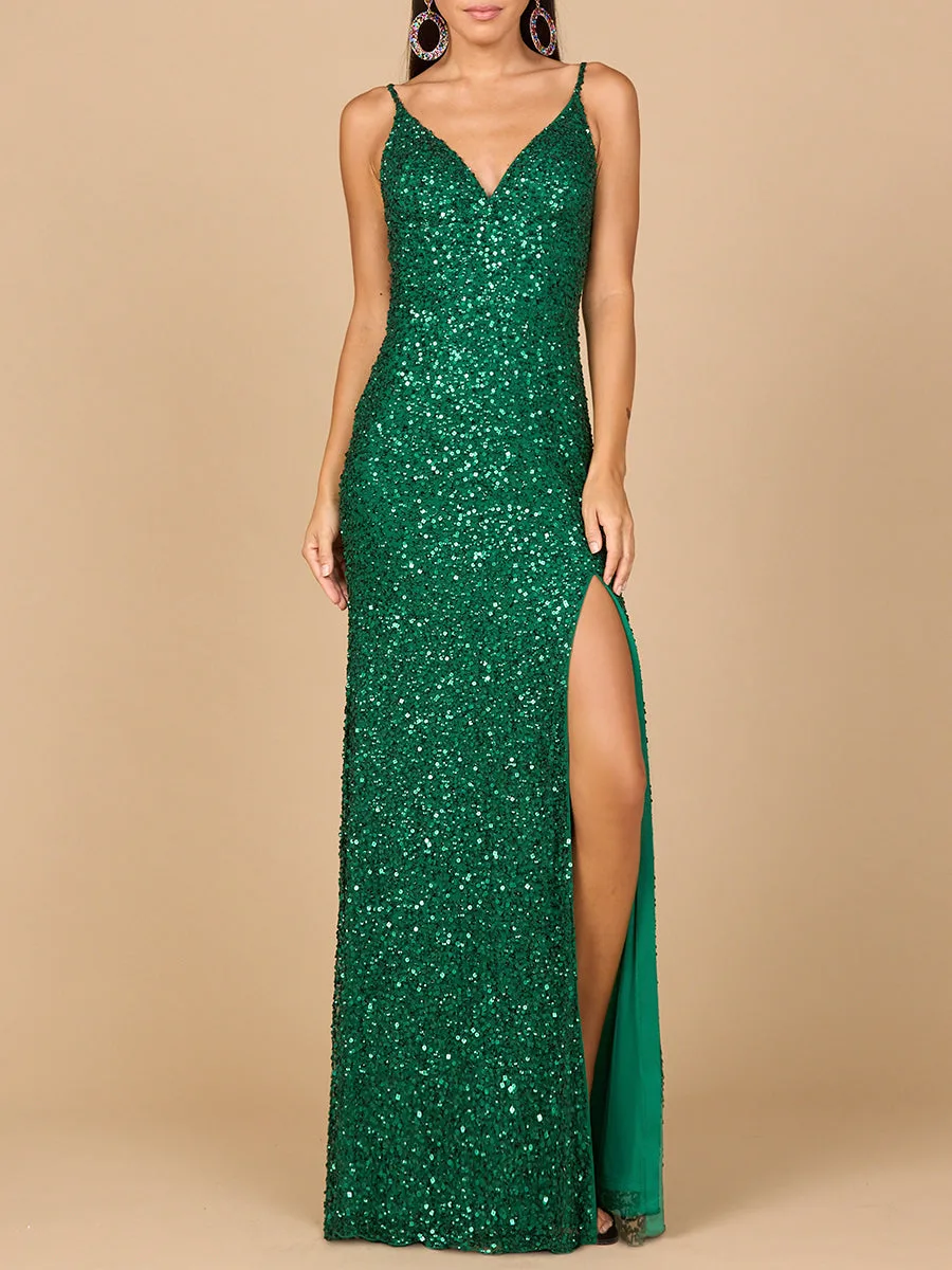 Beaded V Neck Dress with Slit by Lara New York — style 29310 in Green