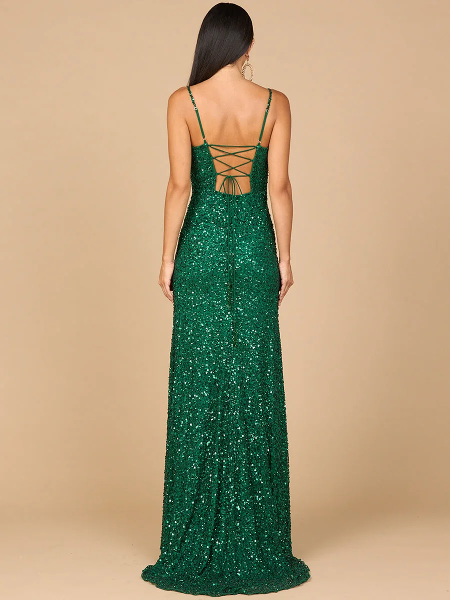 Beaded V Neck Dress with Slit by Lara New York — style 29310